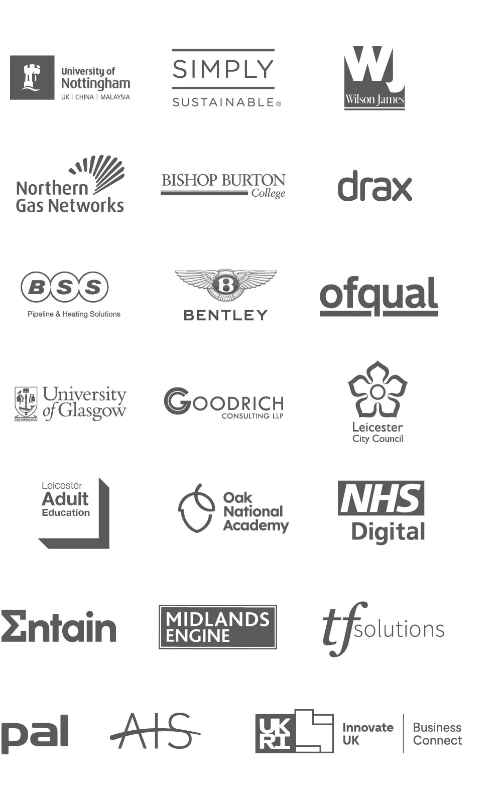 A collection of logos from various organisations and institutions arranged in a grid. The logos include University of Nottingham, Simply Sustainable, Wilson James, Northern Gas Networks, Bishop Burton College, Drax, BSS, Bentley, Ofqual, University of Glasgow, Goodrich, Leicester City Council, Leicester Adult Education, Oak National Academy, NHS Digital, Entain, Midlands Engine, TF Solutions, Pal, AIS and Innovate UK Business Connect.